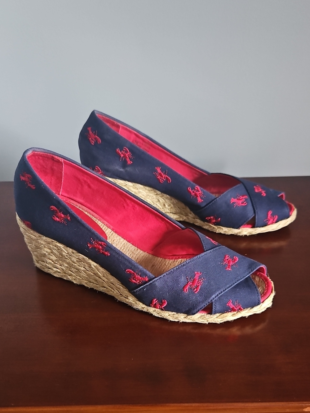 Ralph Lauren Navy Espadrille Wedge with Red Lobster Embroidery